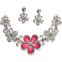 ZENEME Rhodium-Plated American Diamonds Studded Floweret Necklace With Earrings Jewellery Set For Girls and Women (Red)