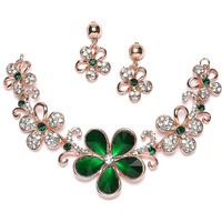 ZENEME Rhodium-Plated American Diamonds Studded Floweret Necklace With Earrings Jewellery Set For Girls and Women (Green-Rose Gold)