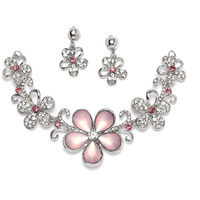 ZENEME Rhodium-Plated American Diamonds Studded Floweret Necklace With Earrings Jewellery Set For Girls and Women (Pink-Silver)