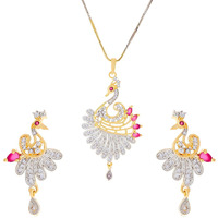 ZENEME Pendant Gold Plated American Diamond Multi Colour Peacock Design Pendant Set With Earring Jewellery For Girls & Women (Design 1)
