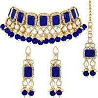 Peora Gold Plated Traditional Blue Kundan Choker Necklace Jewellery Set with Earring Maang Tikka for Women & Girls