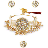 ZAVERI PEARLS Gold Tone Multistrand Kundan Choker Necklace Earring & Ring Set For Women-ZPFK10769