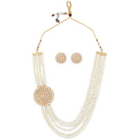 ZAVERI PEARLS Gold Tone Multi Layered Side Brooch Pearls Long Necklace & Earring Set For Women-ZPFK10262