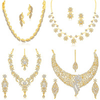 Sukkhi Sparkling Gold Plated Wedding Jewellery Austrian Diamond Set of 4 Necklace Combo for Women (SKR48715)