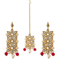 ZENEME Maang Tikka With Earrings Set Flower Shaped Gold Plated Jewellery For Women and Girls (Red White)