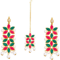 ZENEME Maang Tikka With Earrings Set Flower Shaped Gold Plated Jewellery For Women and Girls (Red Green)