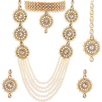 Womens Gold Plated Bridal Long Necklace Set Neck Choker with Earrings and Maang Tikka for Women & Girls (Green)