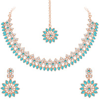 Atasi International Gold Plated Crystal Necklace with Earrings and Maang Tikka for Women - Jewellery Set for Party, Wedding, Engagement, Blue (MB5744)