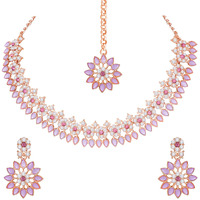 Atasi International Rose Gold Plated Purple Crystal Necklace Jewellery Set with Earrings and Maang Tikka for Women & Grils for Party, Wedding, Engagement (PU5744)