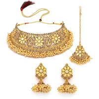 Sukkhi Timelessely Beautiful Gold Plated Gold Kundan & Beads Floral Choker Necklace Set With Earring And Maangtika | Jewellery Set For Women (NS105481)
