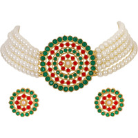 Shining Diva Fashion Latest Choker Design Traditional Stylish Fancy Pearl Necklace Jewellery Set for Women (A12657s), Red Green, One