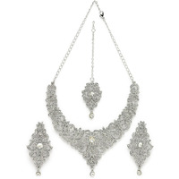 Sukkhi High-Fashion Rhodium Plated Silver AD White Stones Floral Collar Bone Necklace Set With Earring And Maangtika | Jewellery Set For Women (NS105612)