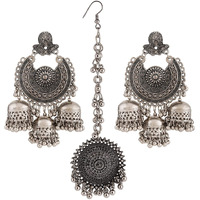 Shining Diva Fashion Latest Oxidised Silver Antique Design Stylish Traditional Maang Tikka Jhumka Earrings Jewellery Set for Women (Silver) (12033s)