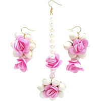 ZENEME Gold-Plated Pearl & Gota Patti Flower Haldi Mehandi MaangTikka with Earrings (Pink White)