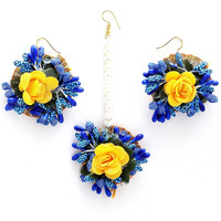 ZENEME Gold-Plated Pearl & Gota Patti Flower Haldi Mehandi MaangTikka with Earrings (Blue Yellow)
