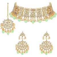 I Jewels Gold Plated Traditional Kundan & Pearl Studded Choker NecklaceJewellery Set with Earrings & Maang Tikka For Women (K7069Min)