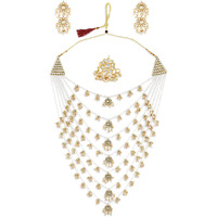 ZAVERI PEARLS Gold Tone Layered Kundan Bridal Long Necklace Earring & Ring Set For Women-ZPFK10817