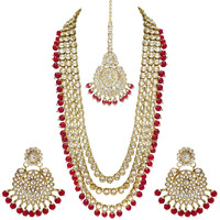 Peora Gold-plated Brass and Kundan Necklace Set With Mang Tika & Earrings for Women & Girls (Maroon)