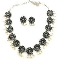 Sasitrends Oxidized Pearl German Silver Stone Studded Jewellery Necklace Set for Women and Girls