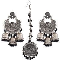 Shining Diva Fashion Latest Oxidised Silver Antique Design Stylish Traditional Maang Tikka Jhumka Earrings Jewellery Set for Women (Black) (12029s)