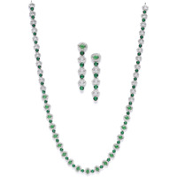 ZENEME Rhodium-Plated Silver Toned Oval American Diamond Long Necklace Earrings Jewellery Set for Girls and Women (Green)