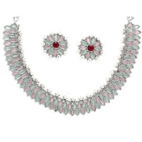 ZENEME Oxidised Silver-Plated Leaf Shaped American Diamond & Pearl Studded Necklace Earrings Jewellery Set for Girls and Women (White) (Style_04)