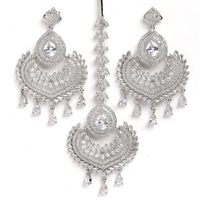 ZENEME Stylish Shiny Round Design Rodhium-Plated Maang Tikka Earring Set Jewellery For Women and Girls (Design 7)