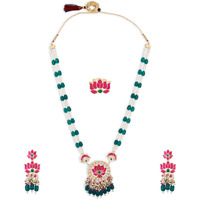 ZAVERI PEARLS Green & Pink Meenakari Lotus Design Long Necklace Earring & Ring Set For Women-ZPFK14812