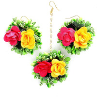 ZENEME Gold-Plated Pearl & Gota Patti Flower Haldi Mehandi MaangTikka with Earrings (Red Yellow)