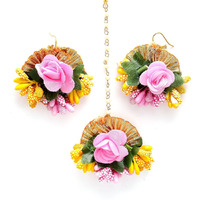 ZENEME Gold-Plated Pearl & Gota Patti Flower Haldi Mehandi MaangTikka with Earrings (Pink Yellow)