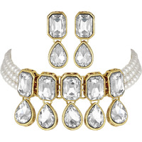 I Jewels 18K Gold Plated Traditional Handcrafted Crystal Stone Studded Pearl Choker Necklace Jewellery Set with Earrings For Women/Girls (ML249W)