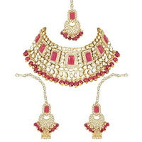 I Jewels 18K Gold Plated Traditional Handcrafted Faux Kundan & Pearl Studded Bridal Choker Necklace Jewellery Set with Earrings & Maang Tikka For Women (IJ401) (Rani Pink)