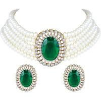Peora Gold Plated Oval Green Stone Beaded Adjustable Necklace Jewellery Set for Women Girls