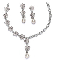 ZENEME Oxidised Silver-Plated Flower Shaped American Diamond Studded Necklace Earrings Jewellery Set for Girls and Women (Mint Pink)