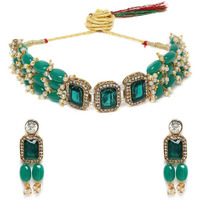 ZAVERI PEARLS Green Stones & Beads Multistrand Traditional Choker Necklace & Earring Set For Women-ZPFK10111