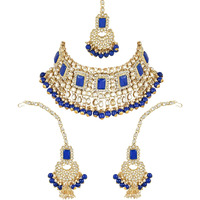 I Jewels 18K Gold Plated Traditional Handcrafted Faux Kundan & Pearl Studded Bridal Choker Necklace Jewellery Set with Earrings & Maang Tikka For Women (IJ401) (Blue)