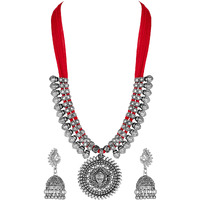 Shining Diva Fashion Latest Oxidised Silver Antique Design Necklace Set Jewellery Set for Women (Red) (11242s)