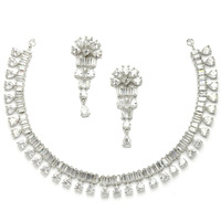 ZENEME Pear Shaped Rhodium-Plated with Silver-Toned White American Diamond Studded Jewellery Set (White)