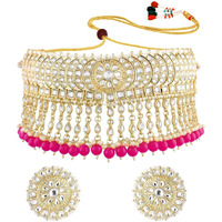 I Jewels Gold Plated Traditional Kundan & Pearl Studded Bridal Choker Necklace With Round Earrings Jewellery Set For Women (K7210Q)