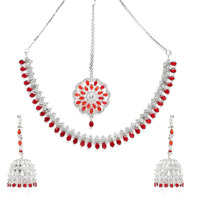 ZENEME Jewellery Sparkling American Diamond Collar Necklace with Designer Jhumka/Jhumki Earrings Maang Tikka for Women and Girls (Red)