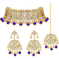 I Jewels Gold Plated Traditional Kundan & Pearl Studded Choker Necklace Jewellery Set with Earrings & Maang Tikka For Women (K7069Bl)
