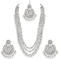 Peora Indian Traditional Kundan Long Necklace with Earring Maang Tikka Jewellery Set for Women Girls (White)