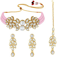 I Jewels 18K Gold Plated Traditional Stone Studded Pearl Choker Necklace Set For Women (ML285) (Pink)