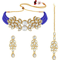 I Jewels 18K Gold Plated Traditional Kundan Stone Studded Pearl Choker Necklace Set For Women (ML285) (Blue)