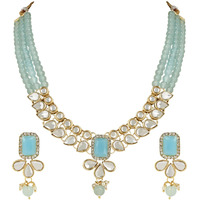 I Jewels 18K Gold Plated Traditional White Kundan Studded Multi Layered Pearl Necklace Jewellery Set with Dangle Earrings for Women And Girls (IJ354) (Turquoise)