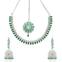 ZENEME Jewellery Sparkling American Diamond Collar Necklace with Designer Jhumka/Jhumki Earrings Maang Tikka for Women and Girls (Green)