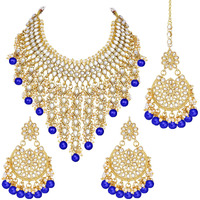 Peora Traditional Kundan & Pearl Drop Blue Choker Necklace Earring Set with Maang Tikka for Women