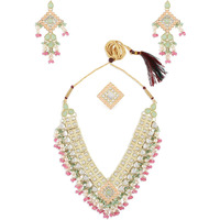 ZAVERI PEARLS Green Pink Stones & Cluster Beads Kundan Necklace Earring & Ring Set For Women-ZPFK15357