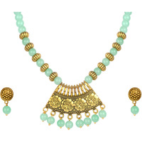 JFL - Jewellery for Less Stylish Gold Plated Antique Semi-Circle Pendant Beaded Tribal Necklace Set for Women and Girls (Mint Green),Valentine