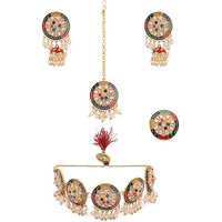 ZAVERI PEARLS Multicolor Meenakari Flower Design Choker Necklace Earring Maangtikka & Ring Set For Women-ZPFK13825